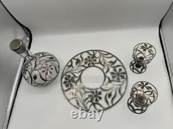 Antique Silver Overlay Filigree Art Nouveau Decanter & Glasses Set On Tray
