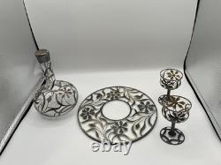 Antique Silver Overlay Filigree Art Nouveau Decanter & Glasses Set On Tray