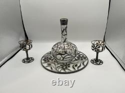 Antique Silver Overlay Filigree Art Nouveau Decanter & Glasses Set On Tray