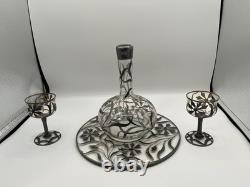 Antique Silver Overlay Filigree Art Nouveau Decanter & Glasses Set On Tray