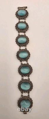 Antique Solid Sterling Silver 950 Ornate Light Blue Glass Moonstone Bracelet