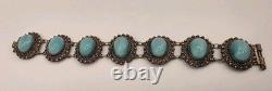 Antique Solid Sterling Silver 950 Ornate Light Blue Glass Moonstone Bracelet