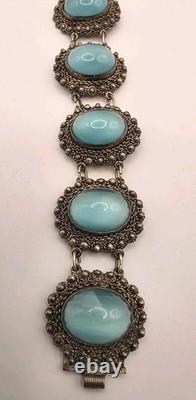 Antique Solid Sterling Silver 950 Ornate Light Blue Glass Moonstone Bracelet