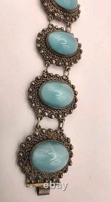 Antique Solid Sterling Silver 950 Ornate Light Blue Glass Moonstone Bracelet