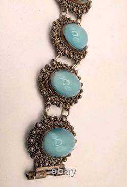 Antique Solid Sterling Silver 950 Ornate Light Blue Glass Moonstone Bracelet Antique Solid Sterling Silver 950 Ornate Light Blue Glass Moonstone Bracelet