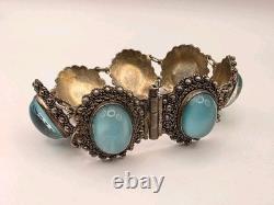 Antique Solid Sterling Silver 950 Ornate Light Blue Glass Moonstone Bracelet