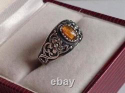 Antique Soviet USSR Ring Etched Sterling Silver 925 Amber Glass Men Size 6.5
