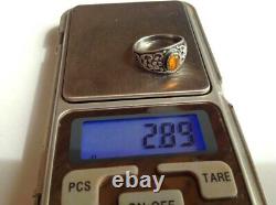 Antique Soviet USSR Ring Etched Sterling Silver 925 Amber Glass Men Size 6.5