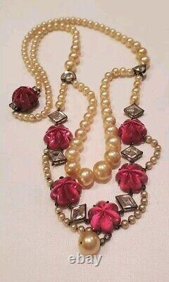 Antique Sterling Necklace Ruby Glass And Graduated Pearls