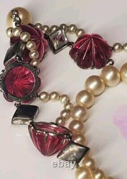 Antique Sterling Necklace Ruby Glass And Graduated Pearls