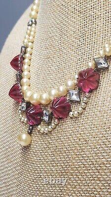 Antique Sterling Necklace Ruby Glass And Graduated Pearls