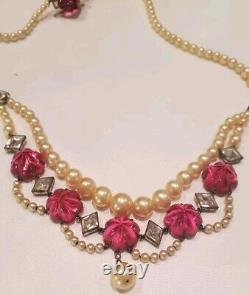 Antique Sterling Necklace Ruby Glass And Graduated Pearls