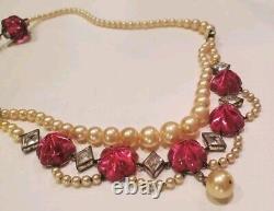 Antique Sterling Necklace Ruby Glass And Graduated Pearls