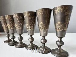 Antique Sterling Silver 84 Goblets Russian Set 6 Glass Empire Wine Shot Rare Old