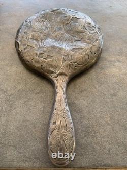 Antique Sterling Silver 925 Floral & Lion Engraved Hand Mirror Monogram EMB 9 in