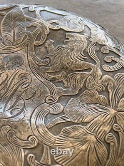 Antique Sterling Silver 925 Floral & Lion Engraved Hand Mirror Monogram EMB 9 in
