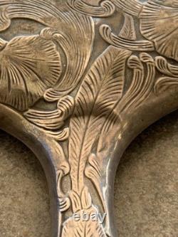Antique Sterling Silver 925 Floral & Lion Engraved Hand Mirror Monogram EMB 9 in