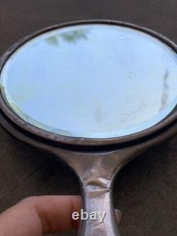 Antique Sterling Silver 925 Floral & Lion Engraved Hand Mirror Monogram EMB 9 in