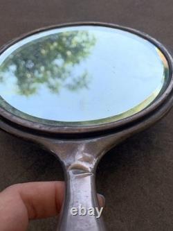 Antique Sterling Silver 925 Floral & Lion Engraved Hand Mirror Monogram EMB 9 in