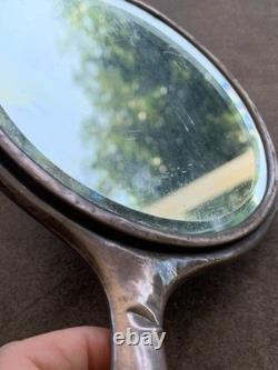 Antique Sterling Silver 925 Floral & Lion Engraved Hand Mirror Monogram EMB 9 in