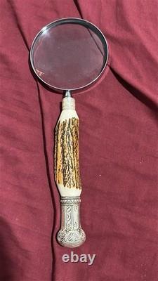 Antique Sterling Silver And Antler Handle Magnifying Glass