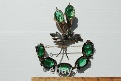 Antique Sterling Silver Art Nouveau Emerald Green Jeweled Glass Brooch Bracelet