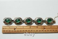Antique Sterling Silver Art Nouveau Emerald Green Jeweled Glass Brooch Bracelet