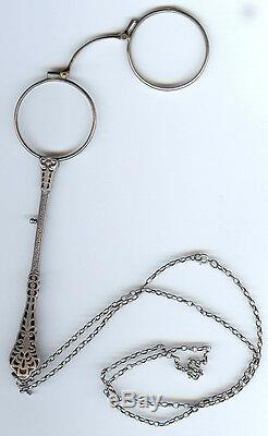 Antique Sterling Silver Black Enamel Lorgnette Eye Glasses On Chain Necklace