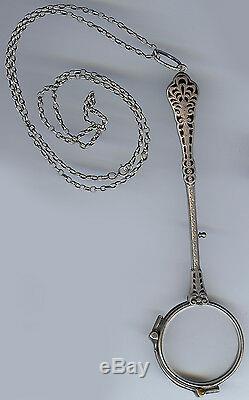 Antique Sterling Silver Black Enamel Lorgnette Eye Glasses On Chain Necklace