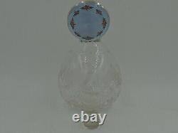Antique Sterling Silver Blue Guilloche Enamel Lid & Cut Glass Perfume Bottle withD