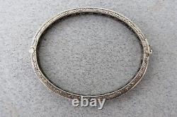 Antique Sterling Silver Bracelet Bangle Channel Set Blue Glass Princess Set 30s