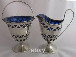 Antique Sterling Silver&Cobalt Blue Glass Lined Creamer&Sugar Bowl Old Colonial