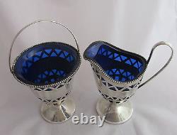 Antique Sterling Silver&Cobalt Blue Glass Lined Creamer&Sugar Bowl Old Colonial