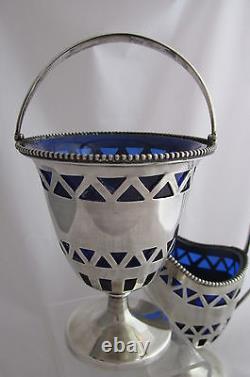 Antique Sterling Silver&Cobalt Blue Glass Lined Creamer&Sugar Bowl Old Colonial