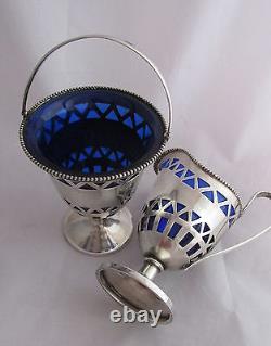 Antique Sterling Silver&Cobalt Blue Glass Lined Creamer&Sugar Bowl Old Colonial