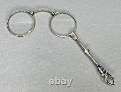Antique Sterling Silver Cobalt Enamel Lorgnette Opera Magnifier Glasses Spring