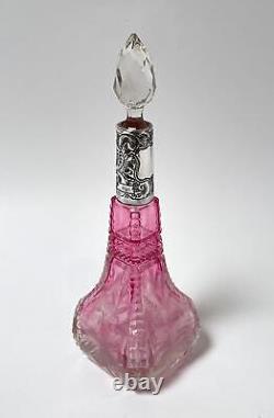 Antique Sterling Silver Cut Cranberry To Clear Glass Perfume Bottle