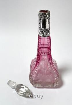 Antique Sterling Silver Cut Cranberry To Clear Glass Perfume Bottle