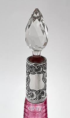 Antique Sterling Silver Cut Cranberry To Clear Glass Perfume Bottle