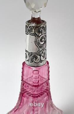 Antique Sterling Silver Cut Cranberry To Clear Glass Perfume Bottle