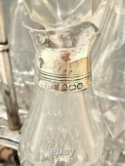 Antique Sterling Silver & Cut Glass Cruet Set with Stand English Hallmarked