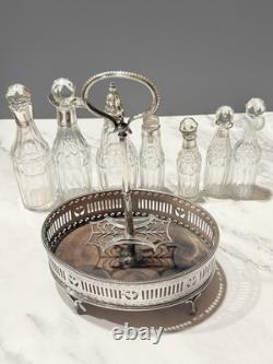 Antique Sterling Silver & Cut Glass Cruet Set with Stand English Hallmarked