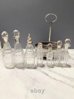 Antique Sterling Silver & Cut Glass Cruet Set with Stand English Hallmarked