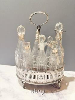 Antique Sterling Silver & Cut Glass Cruet Set with Stand English Hallmarked