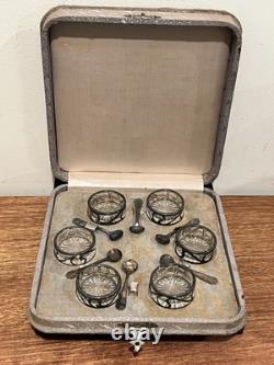 Antique Sterling Silver Cut Glass Open Salts in Box Alvin Co (Set of 6)