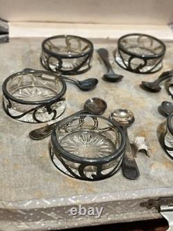 Antique Sterling Silver Cut Glass Open Salts in Box Alvin Co (Set of 6)