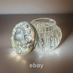 Antique Sterling Silver & Cut Glass Vanity Jar Art Nouveau Repousse Rose Lid