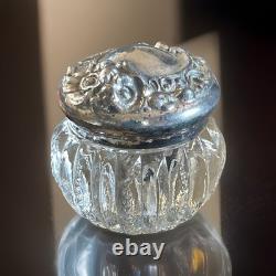 Antique Sterling Silver & Cut Glass Vanity Jar Art Nouveau Repousse Rose Lid