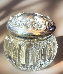 Antique Sterling Silver & Cut Glass Vanity Jar Art Nouveau Repousse Rose Lid