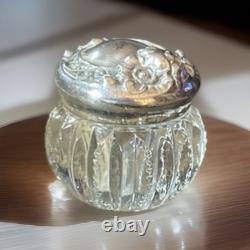 Antique Sterling Silver & Cut Glass Vanity Jar Art Nouveau Repousse Rose Lid